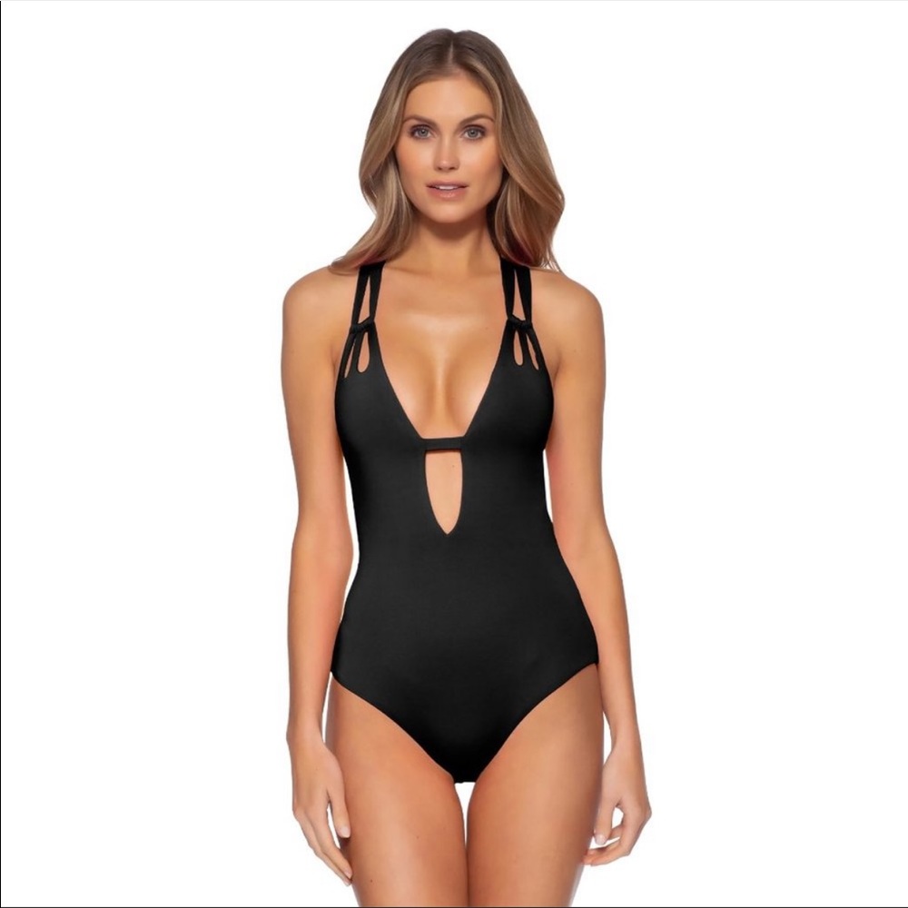 Becca by Rebecca Virtue Skylar Plunge One Piece Women's Swimsuit Black Med NWOT